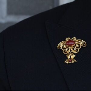 Vintage Gold Tone Dangling Red Gemstone Brooch, Victorian Revival Jewelry